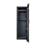 Spika S3CH large 12-gun safe with door open showing carpeted interior and rifle rack
