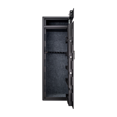 Spika S3CH large 12-gun safe with door open showing carpeted interior and rifle rack