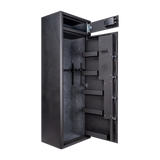 Spika S3CH large 12-gun safe open at an angle showing lockbox and barrel holders on the door