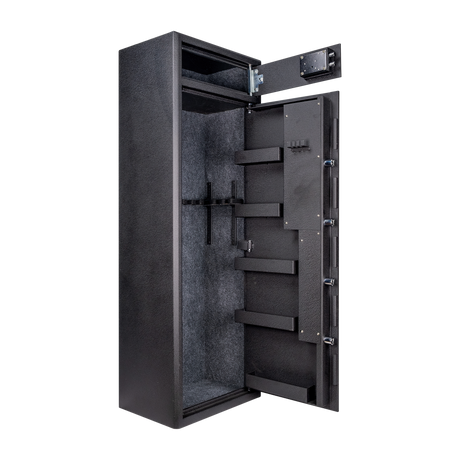Spika S3CH large 12-gun safe open at an angle showing lockbox and barrel holders on the door