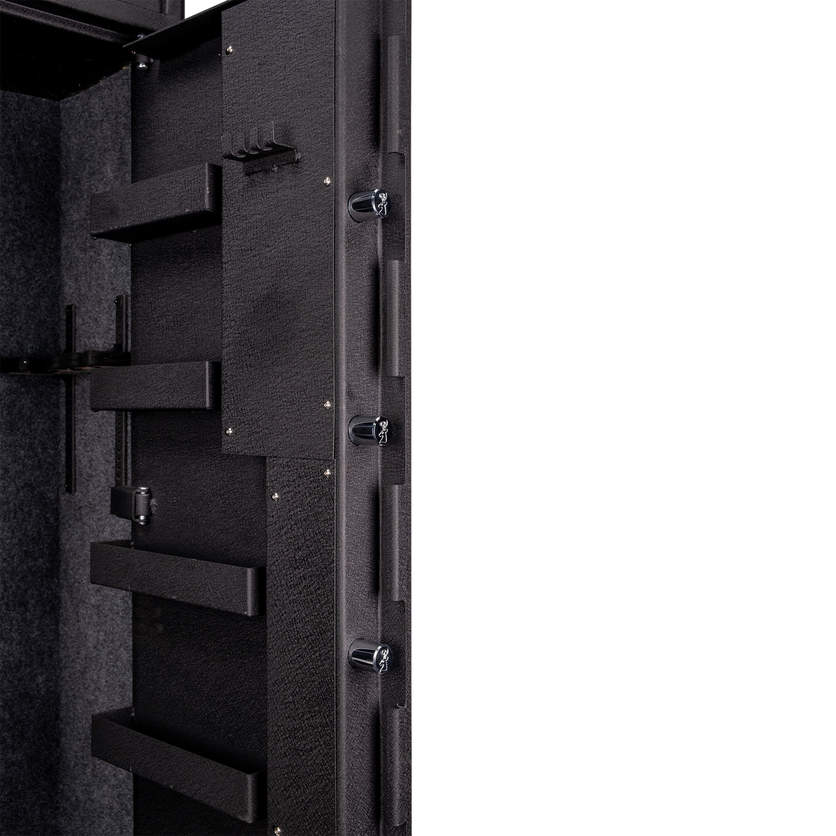 Close-up of the Spika S3CH gun safe door with barrel holders and locking bolts