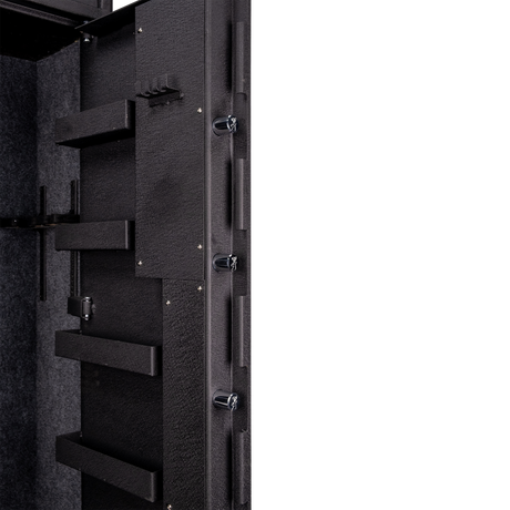 Close-up of the Spika S3CH gun safe door with barrel holders and locking bolts