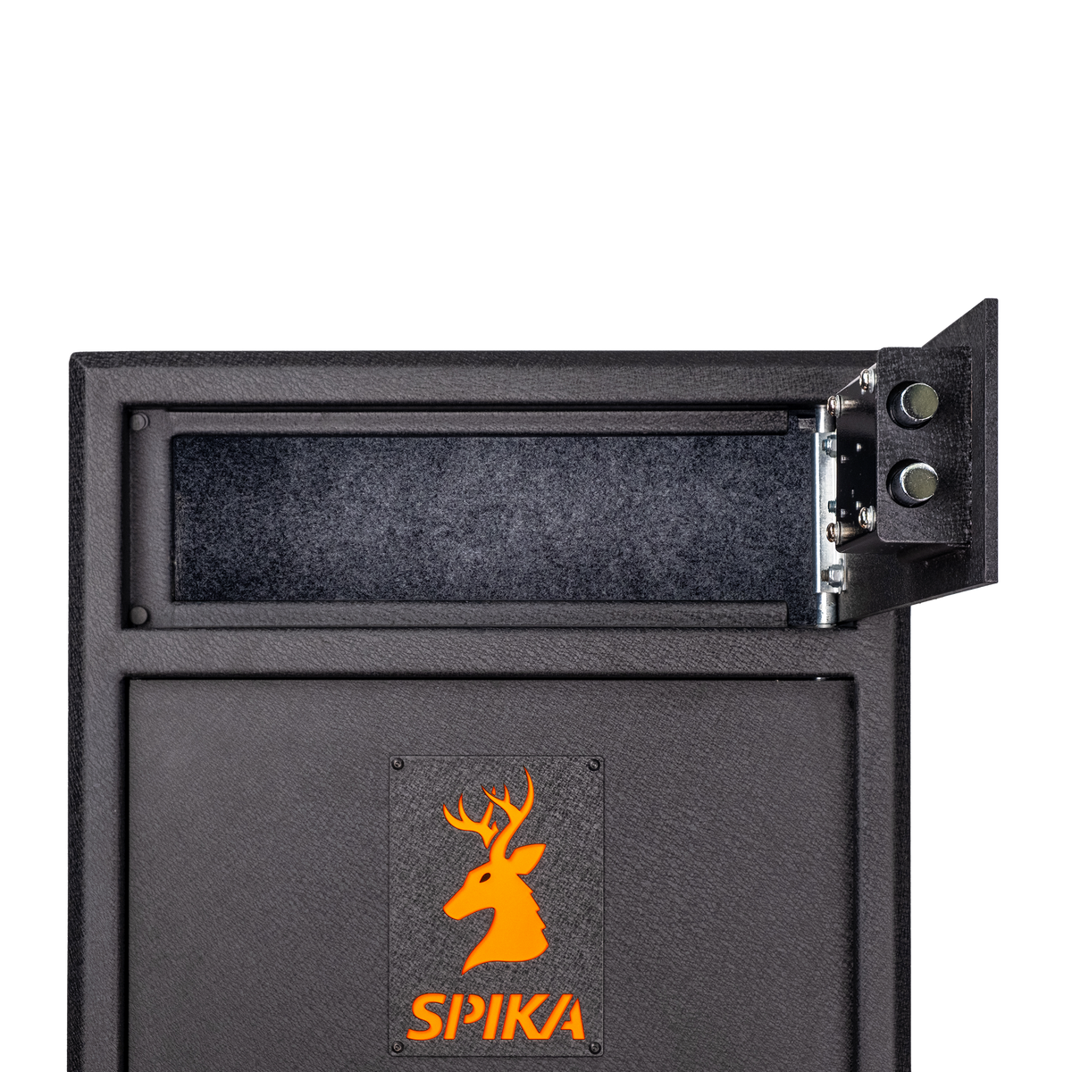 Close-up of the Spika S3CH gun safe top ammo compartment open above the orange stag logo