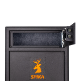 Close-up of the Spika S3CH gun safe top ammo compartment open above the orange stag logo