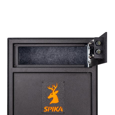 Close-up of the Spika S3CH gun safe top ammo compartment open above the orange stag logo