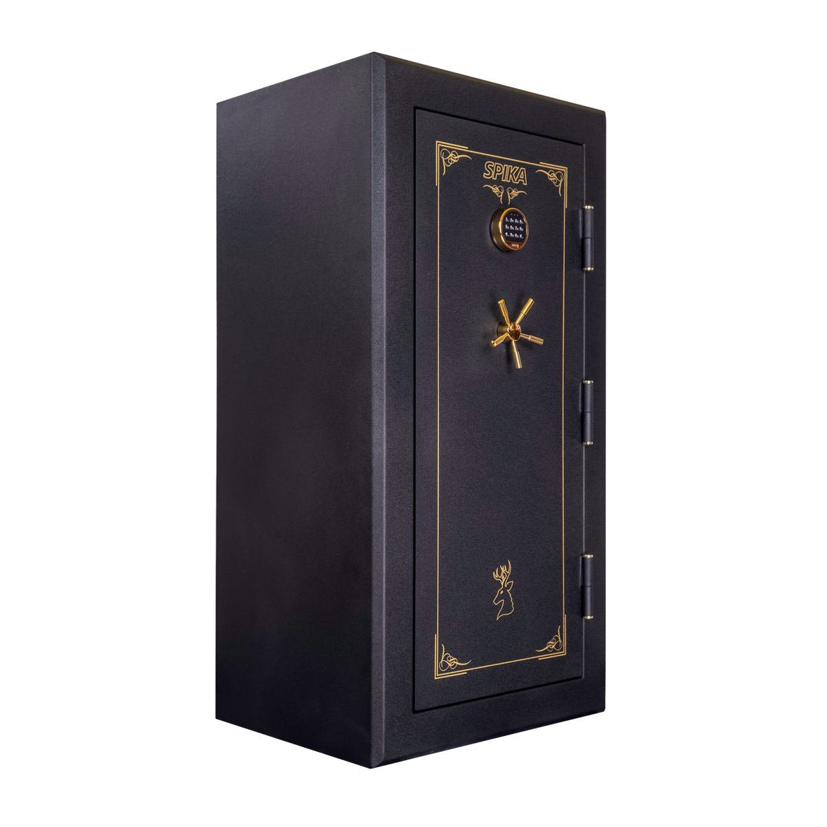 Spika SFB1 large fire resistant 22-gun safe, angled side view showing textured black finish