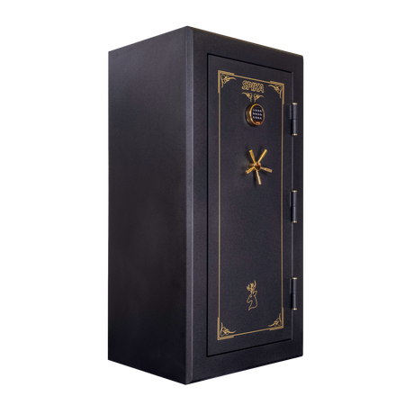 Spika SFB1 large fire resistant 22-gun safe, angled side view showing textured black finish