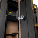 Close-up of the Spika SFB1 safe door edge with stag-stamped locking bolt and lined interior