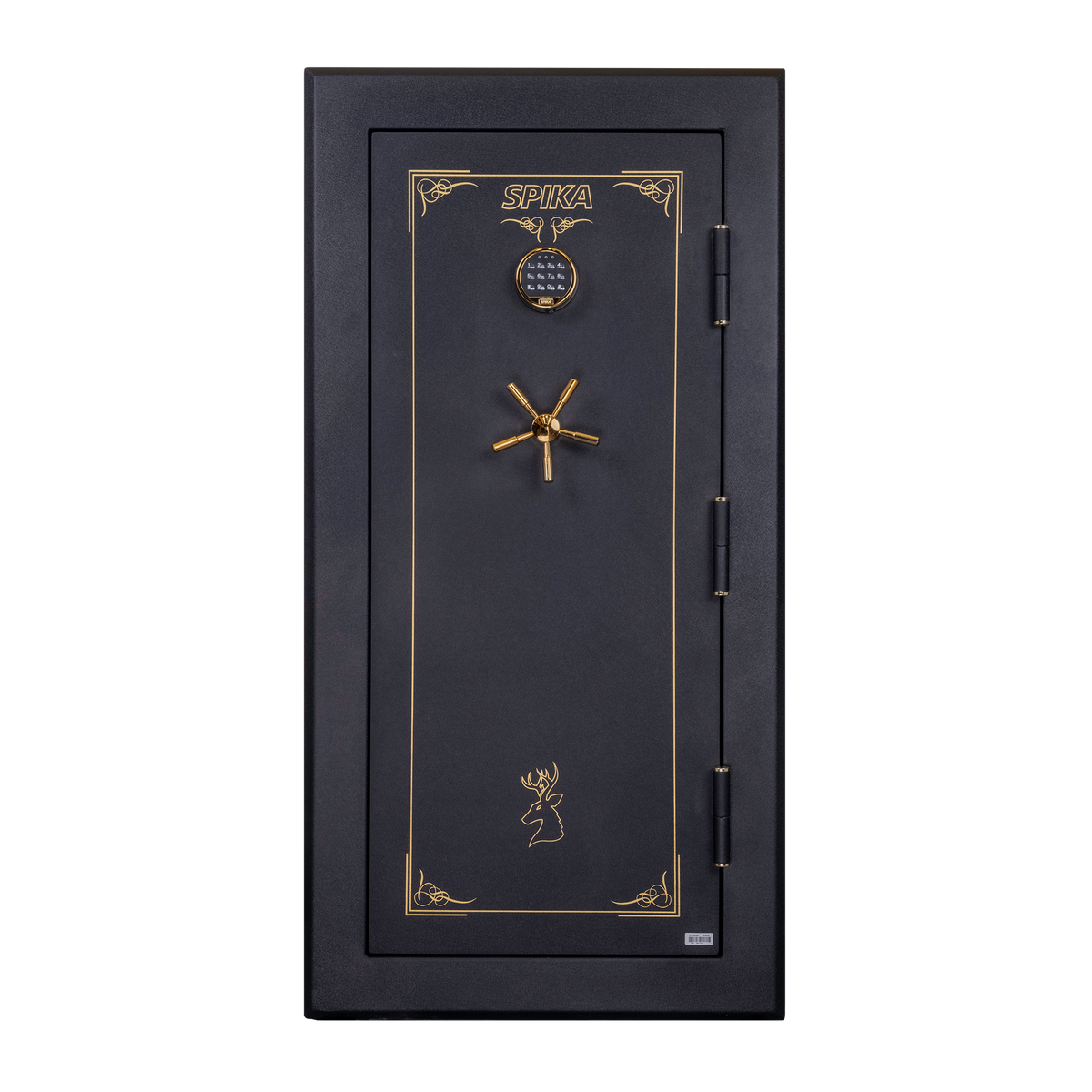 Spika SFB1 large fire resistant safe front view with gold pinstripe, keypad and spoke handle