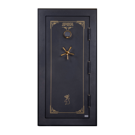 Spika SFB1 large fire resistant safe front view with gold pinstripe, keypad and spoke handle