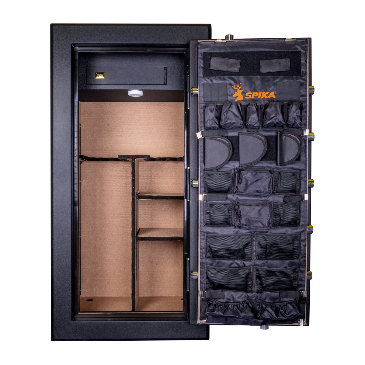 Spika SFB1 fire resistant safe open from the front showing rifle rack, shelves and door organiser