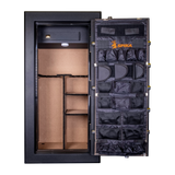 Spika SFB1 fire resistant safe open from the front showing rifle rack, shelves and door organiser