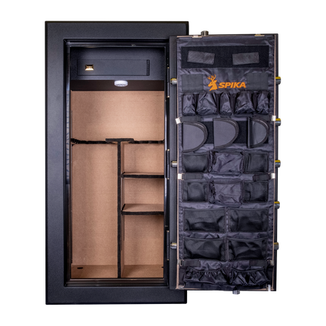 Spika SFB1 fire resistant safe open from the front showing rifle rack, shelves and door organiser