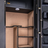 Close-up of the Spika SFB1 safe interior with LED light, top lockbox and rifle rack