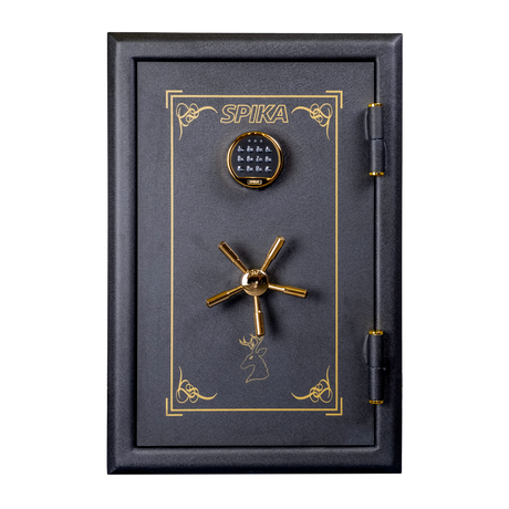 Spika SCB1 large premium home safe front view with gold pinstripe, keypad and spoke handle
