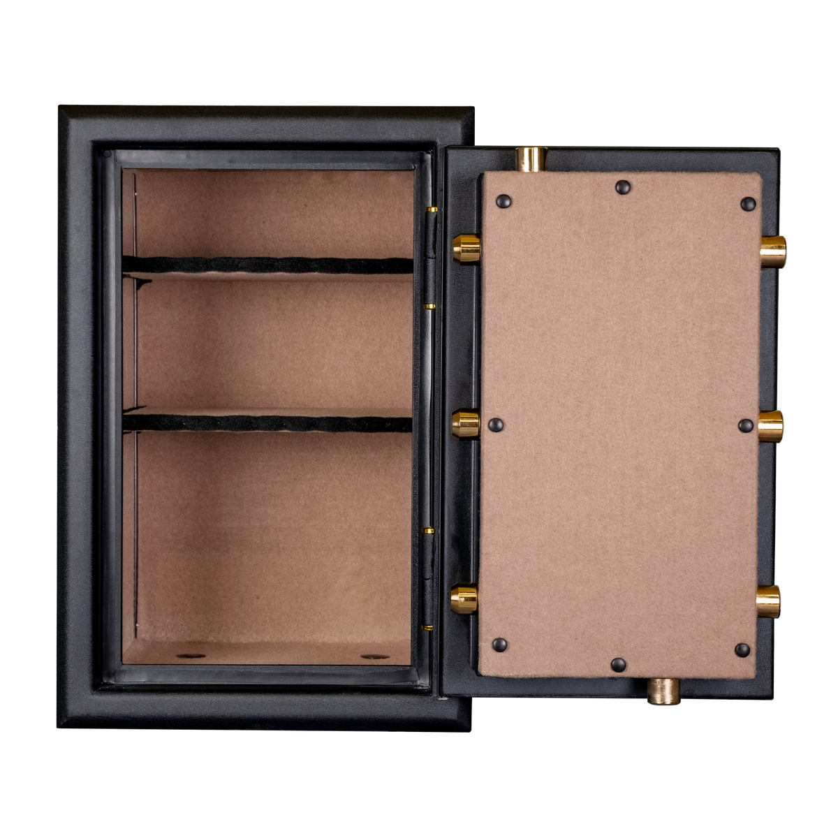 Spika SCB1 large premium home safe open showing tan-lined interior and shelves