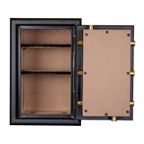 Spika SCB1 large premium home safe open showing tan-lined interior and shelves