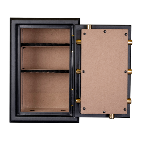 Spika SCB1 large premium home safe open showing tan-lined interior and shelves