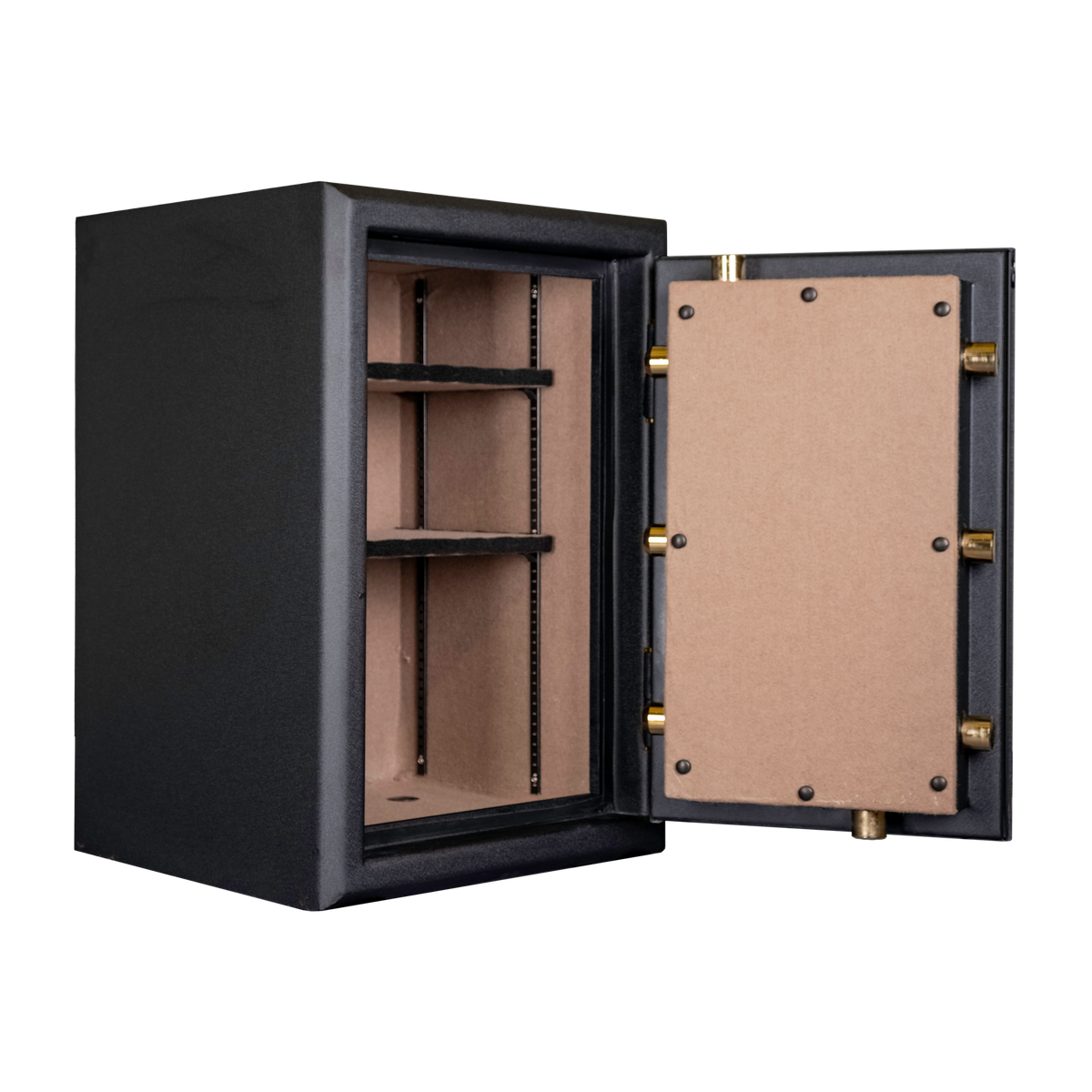 Spika SCB1 large premium home safe open at an angle showing lined door panel and shelves