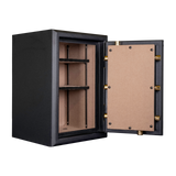 Spika SCB1 large premium home safe open at an angle showing lined door panel and shelves