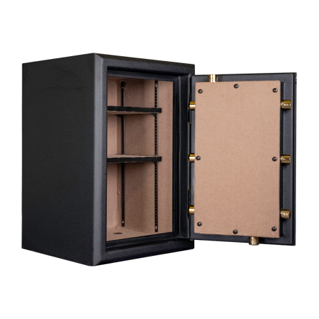 Spika SCB1 large premium home safe open at an angle showing lined door panel and shelves