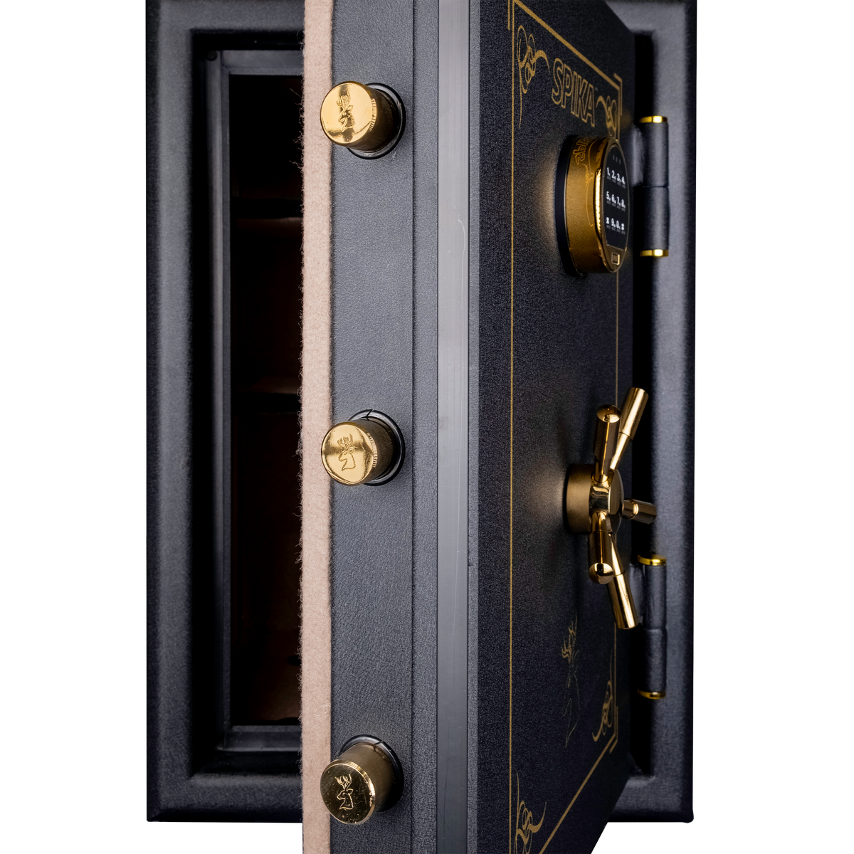 Close-up of the Spika SCB1 home safe door edge with brass locking bolts, keypad and handle
