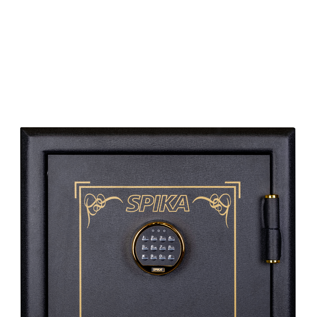 Close-up of the Spika SCB1 home safe digital keypad and gold Spika logo