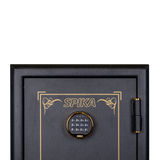 Close-up of the Spika SCB1 home safe digital keypad and gold Spika logo