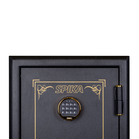 Close-up of the Spika SCB1 home safe digital keypad and gold Spika logo