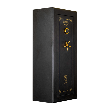 Spika premium 18-gun safe with keypad and brass spoke handle, angled side view