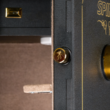 Close-up of the Spika SCH1 safe door edge with brass locking bolt and lined interior