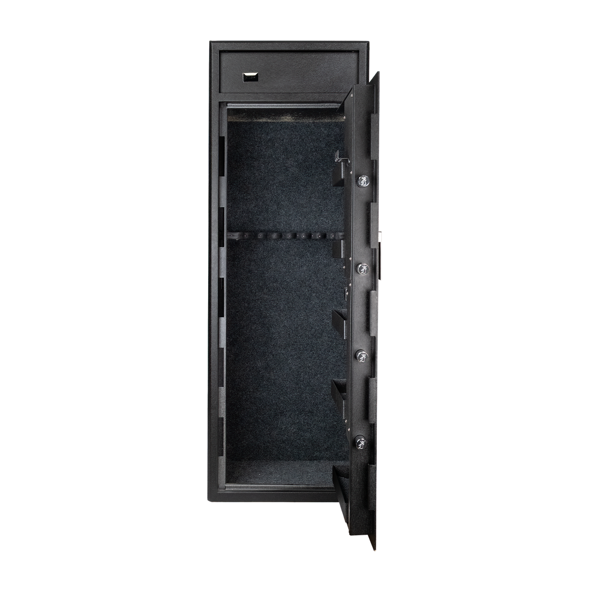Spika S3 large 12-gun safe with door open showing carpeted interior and rifle rack