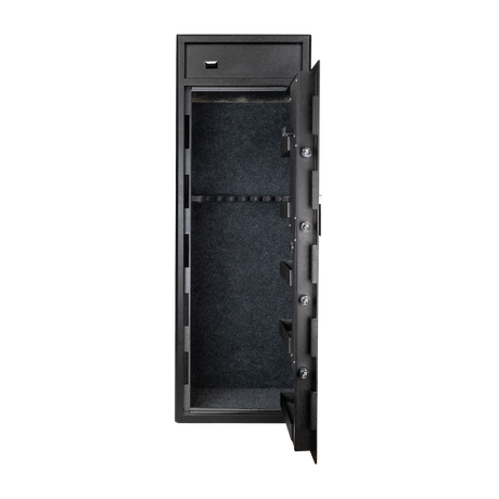 Spika S3 large 12-gun safe with door open showing carpeted interior and rifle rack