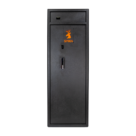 Spika S3 large 12-gun safe front view with top ammo compartment, key lock and handle