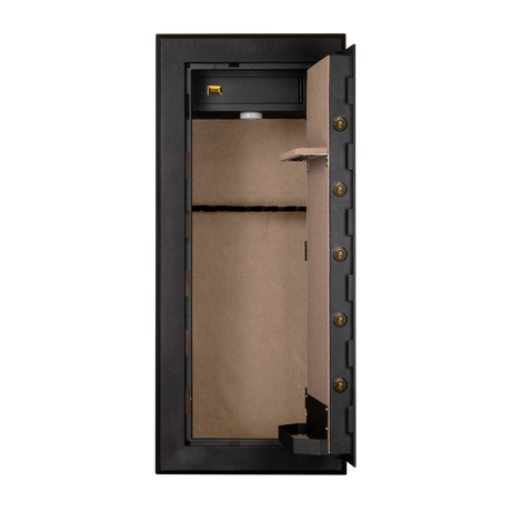 Spika SCH1 large premium 18-gun safe with door open showing lined door and interior