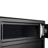 Close-up of the Spika S3 gun safe top ammo compartment open with carpet lining and hinge