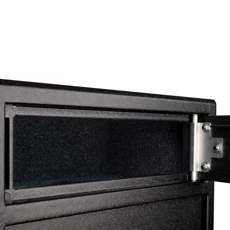 Close-up of the Spika S3 gun safe top ammo compartment open with carpet lining and hinge