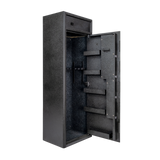 Spika S3 large 12-gun safe open at an angle showing lockbox and barrel holders on the door