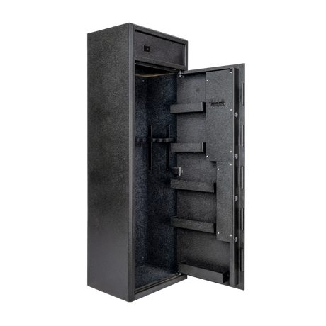 Spika S3 large 12-gun safe open at an angle showing lockbox and barrel holders on the door
