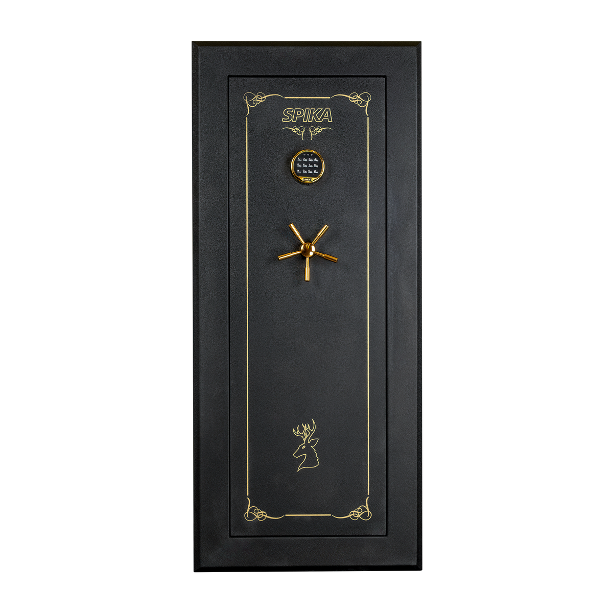 Spika premium 18-gun safe front view with gold pinstripe, digital keypad and spoke handle