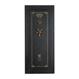 Spika premium 18-gun safe front view with gold pinstripe, digital keypad and spoke handle