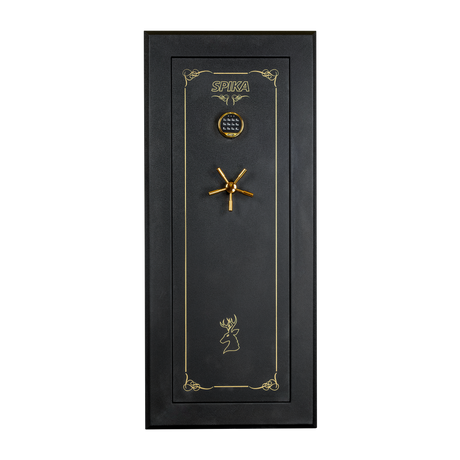Spika premium 18-gun safe front view with gold pinstripe, digital keypad and spoke handle