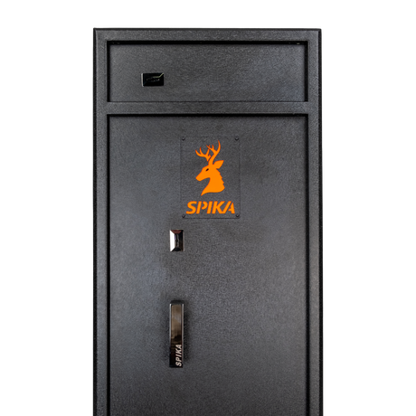 Close-up of the Spika S3 gun safe door with orange stag logo, key lock and handle