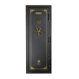 Spika SFABH medium fire resistant safe front view with gold pinstripe, keypad and spoke handle