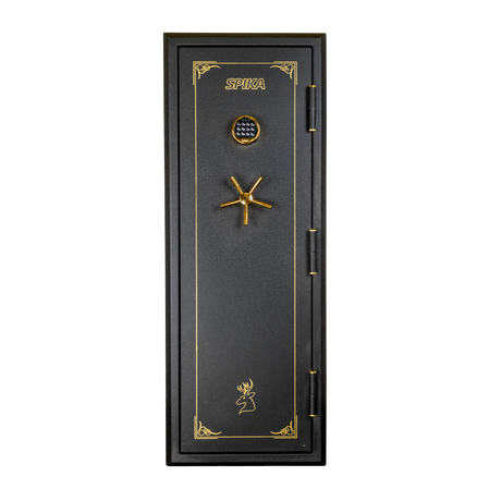Spika SFABH medium fire resistant safe front view with gold pinstripe, keypad and spoke handle