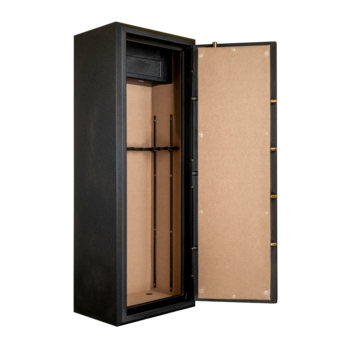 Spika SFABH fire resistant safe open at an angle showing tan-lined interior and rifle rack