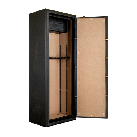 Spika SFABH fire resistant safe open at an angle showing tan-lined interior and rifle rack