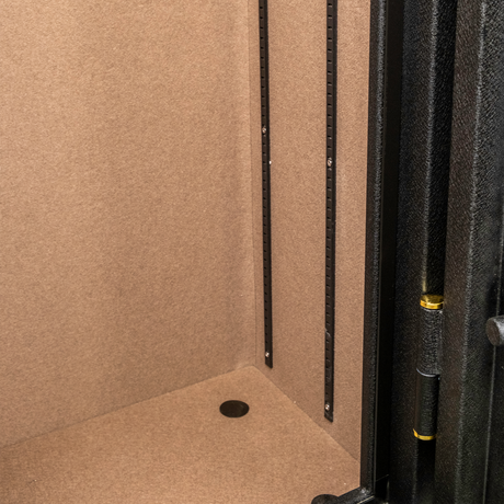 Close-up of the Spika SFABH safe tan-lined interior with adjustable rails