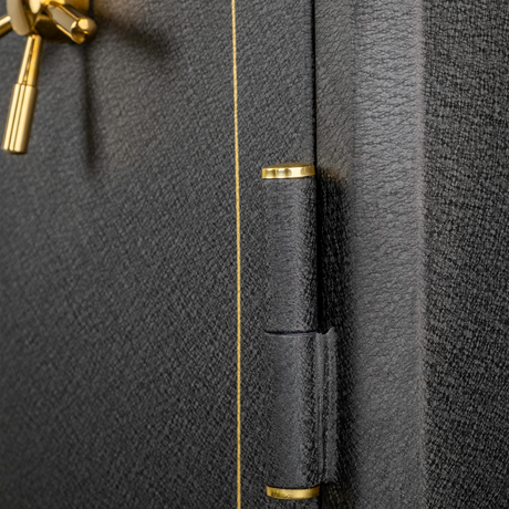 Close-up of the Spika SFABH safe external door hinge beside the brass spoke handle