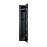 Spika S2 medium 8-gun safe with door open showing carpeted interior and rifle rack